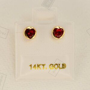 Elegant 14K Solid Gold Heart Earrings with Red Zirconia • 5mm Round Silhouette.